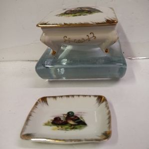 Fred Roberts Jewelry Box Footed & Trinkets Tray White Gold Trim Ducks 3-Pcs